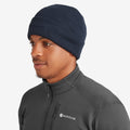 Mens Eclipse Blue Embroidered Beanie Model Left HEBEAECL