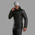 Black Montane Men's Anti-Freeze Lite Hooded Down Jacket Model Front MANLHBLA